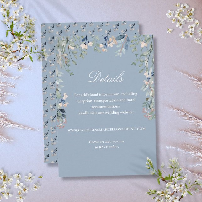 Dusty Blue Elegante Cascade Hochzeit Details Begleitkarte (Dusty Blue Elegant Floral Cascade Wedding Details Enclosure Card)