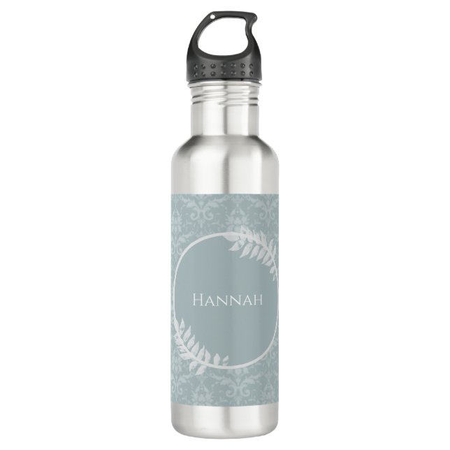 Dusty Blue Elegante Damask Personalisiert Edelstahlflasche (Vorderseite)