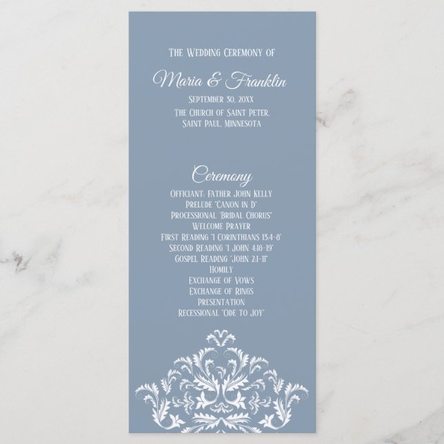Dusty Blue Elegante Damask Programm Rackkarte (Vorderseite)