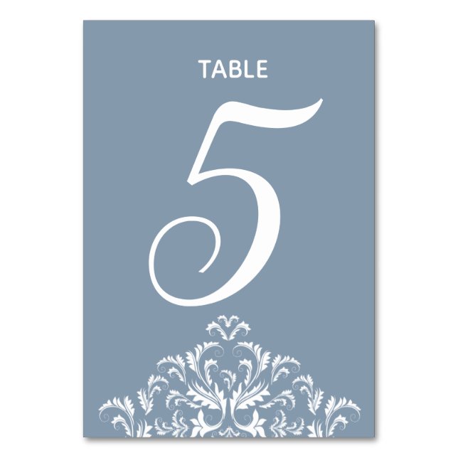 Dusty Blue elegante Damask Table Card Tischnummer (Vorderseite)