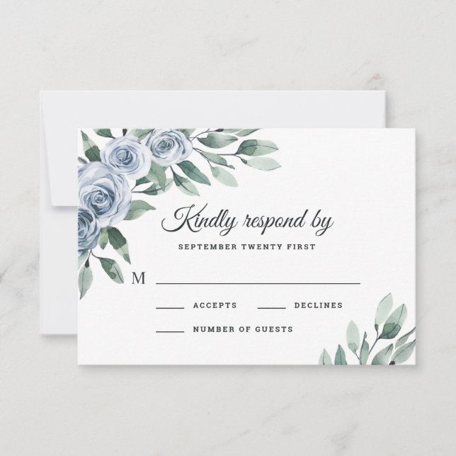 Dusty Blue Elegante Floral Boho Rose Rustikale Hoc RSVP Karte (Vorderseite)