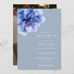 Dusty Blue Elegante Foto Hochzeit mit floralen Wat Einladung