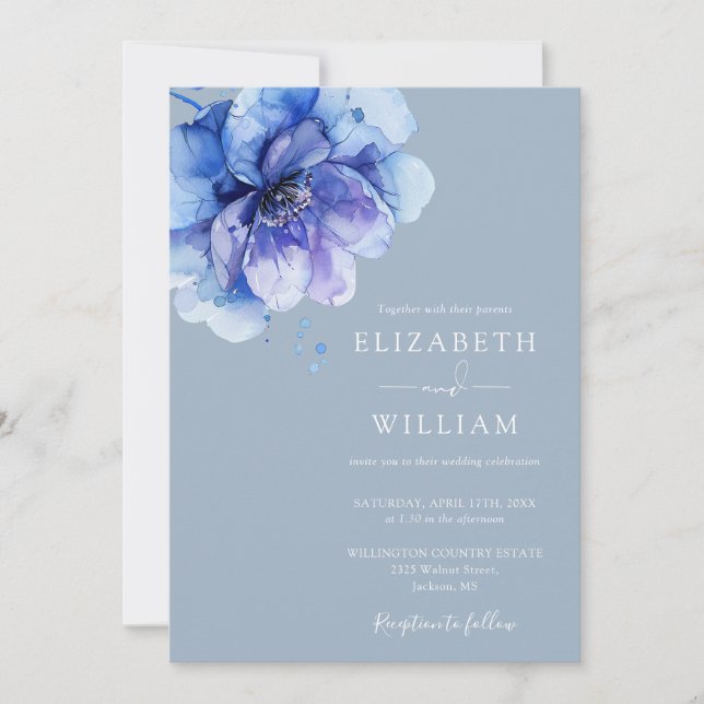 Dusty Blue Elegante Hochzeit mit floralen Watercol Einladung (Vorderseite)