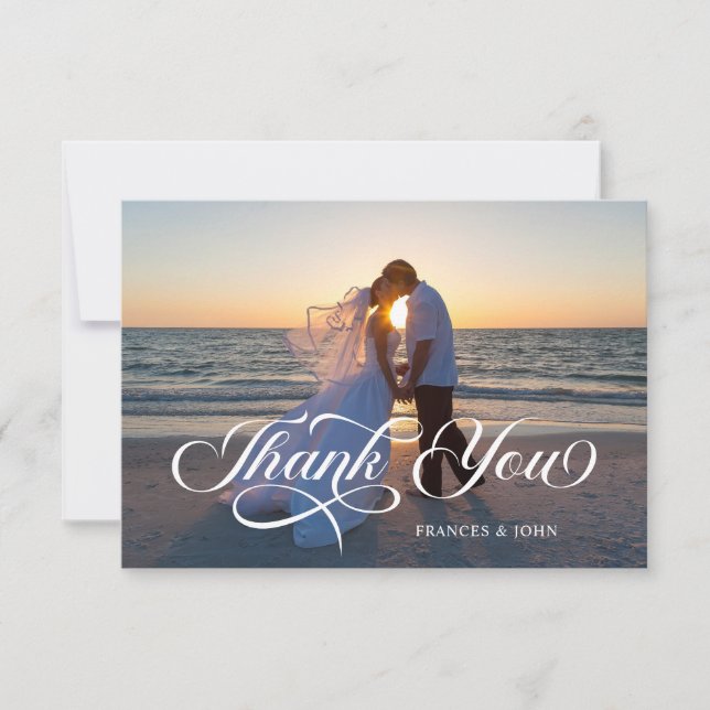 Dusty Blue Elegante Lettering Wedding Foto Dankeskarte (Vorderseite)