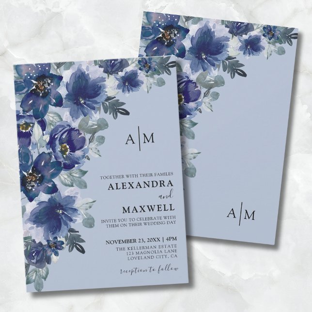 Dusty Blue Elegante Moderne Blumenhochzeit Einladung (Dusty Blue Elegant Modern Floral Wedding Invitation)