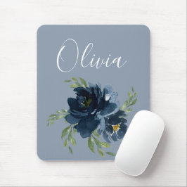 Dusty Blue Elegante Name Floral Watercolor Moderne Mousepad