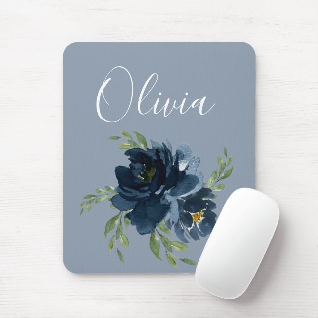 Dusty Blue Elegante Name Floral Watercolor Moderne Mousepad (Mit Mouse)