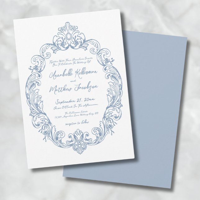 Dusty Blue Elegante Romantische Verzierte Vintage  Einladung (Dusty Blue Elegant Romantic Ornate Vintage Wedding Invitation)