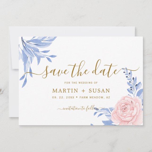 Dusty Blue Elegante Rosa Flora Rustikale Hochzeit Save The Date (Vorderseite)