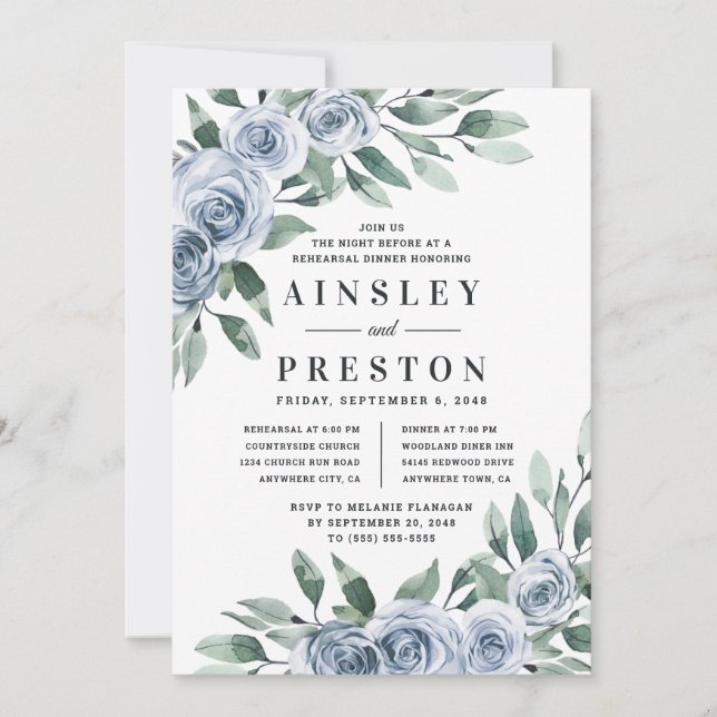 Dusty Blue Elegante Rustikale Probe Abendessen Einladung (Vorderseite)