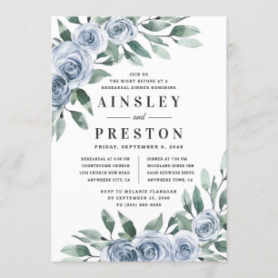 Dusty Blue Elegante Rustikale Probe Abendessen Einladung
