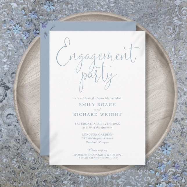 Dusty Blue Elegante Script Engagement Party Einladung (Dusty Blue Elegant Script Engagement Party Invitation)