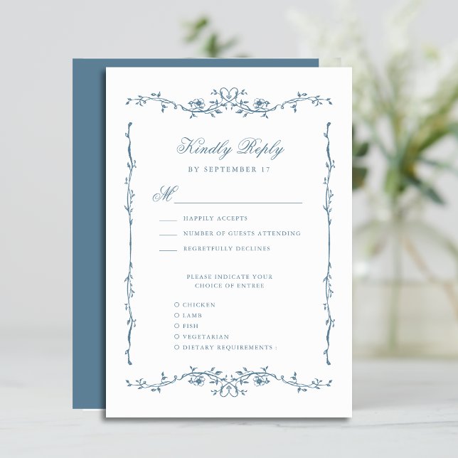 Dusty Blue Elegante Vintage Blumenhochzeit RSVP Karte (Von Creator hochgeladen)