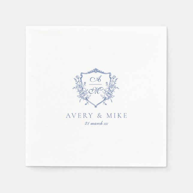 Dusty Blue Elegante Vintage Rose Wappen Hochzeit Serviette (Vorderseite)