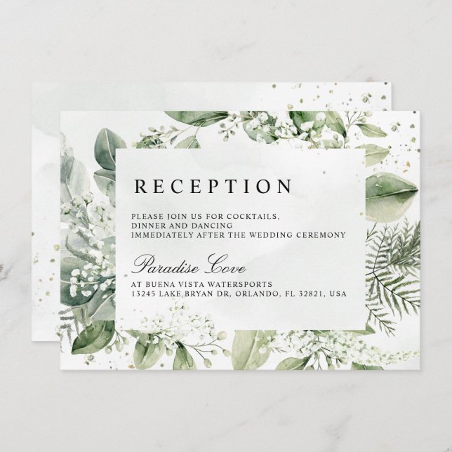 Dusty Blue Eucalyptus Botanical Wedding Reception Einladung (Vorne/Hinten)