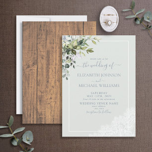 Dusty Blue Eucalyptus Botanical Wood Wedding Einladung