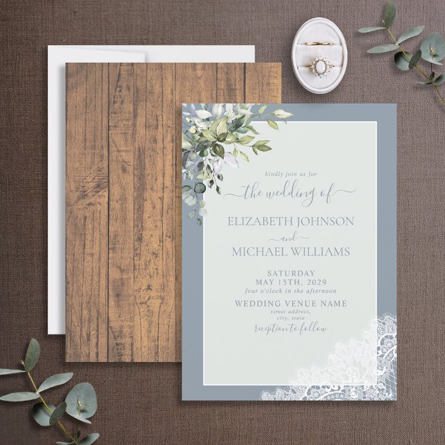 Dusty Blue Eucalyptus Botanical Wood Wedding Einladung (Von Creator hochgeladen)