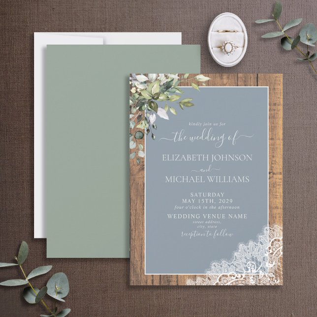 Dusty Blue Eucalyptus Botanical Wood Wedding Einladung (Von Creator hochgeladen)