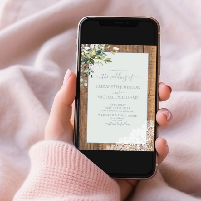 Dusty Blue Eucalyptus Botanical Wood Wedding Einladung (Von Creator hochgeladen)