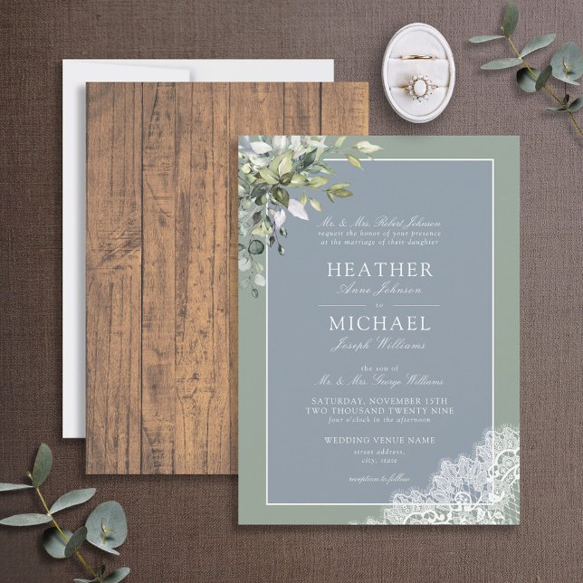 Dusty Blue Eucalyptus Botanical Wood Wedding Invi Einladung (Von Creator hochgeladen)