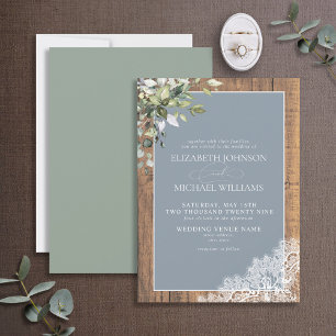 Dusty Blue Eucalyptus Botanical Wood Wedding Invit Einladung