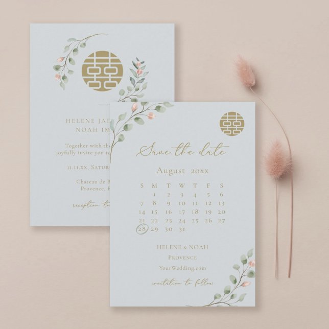 Dusty Blue Eucalyptus Chinese Save the Date Einladung (Von Creator hochgeladen)