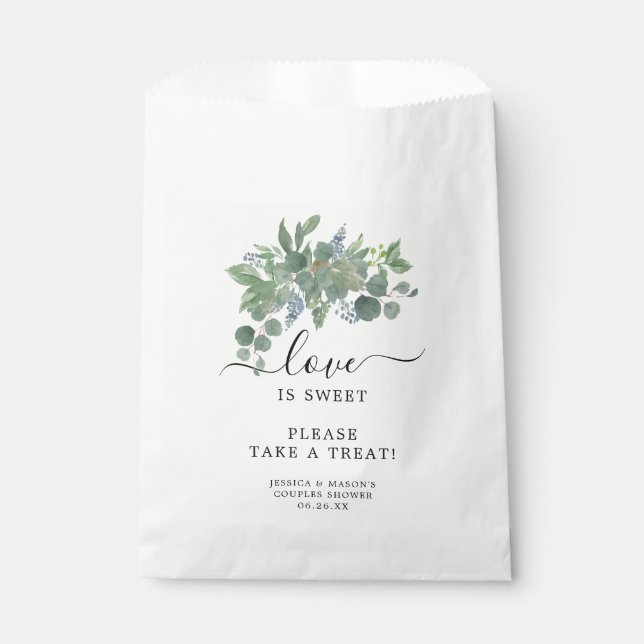 Dusty Blue Eucalyptus Favor Bag Liebe ist süß Geschenktütchen (Vorderseite)