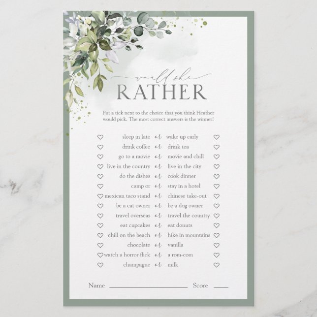 Dusty Blue Eucalyptus Floral Brautparty Game (Vorderseite)