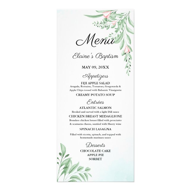 Dusty Blue Eucalyptus Greenerity Baptism Menu Card Werbekarte (Vorne)