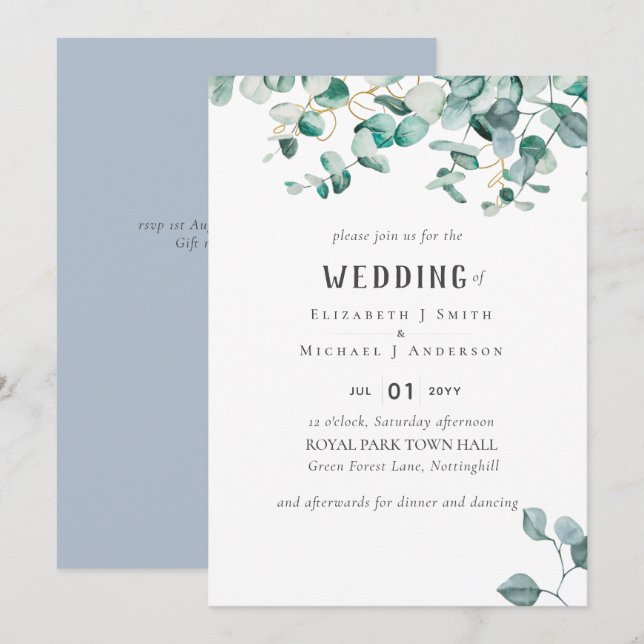Dusty Blue Eucalyptus Greenerity BUDGET WEDDING Einladung (Vorne/Hinten)