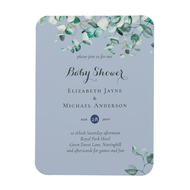 Dusty Blue Eucalyptus Greenery BABY SHOWER lädt ei Magnet (Vertikal)