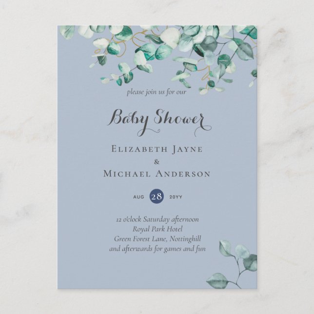 Dusty Blue Eucalyptus Greenery BABY SHOWER lädt ei Postkarte (Vorderseite)