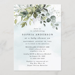 Dusty Blue Eucalyptus Greenery Boho Baby Shower Einladung