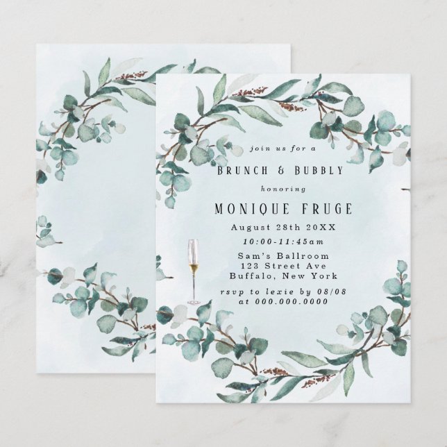 Dusty Blue Eucalyptus Greenery Brunch & Bubbly Einladung (Vorne/Hinten)