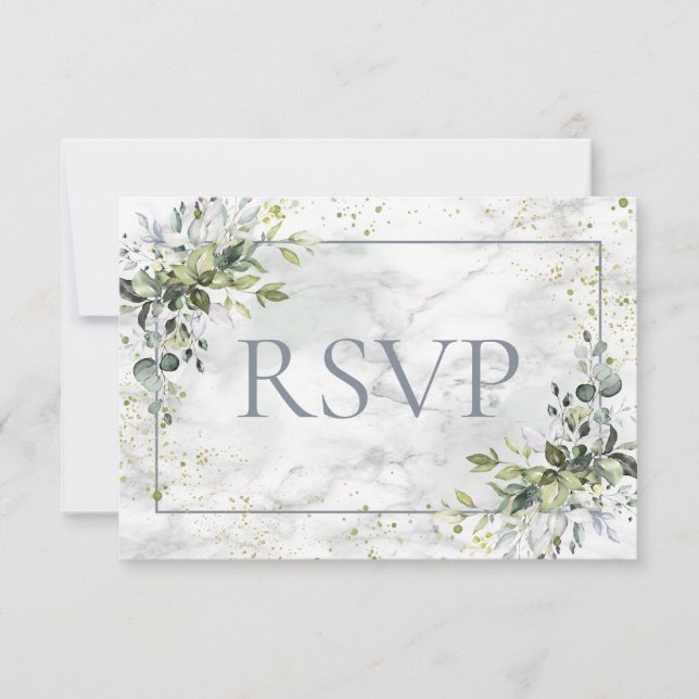 Dusty Blue Eucalyptus Greenery Marble No Menu UAWG RSVP Karte (Vorderseite)