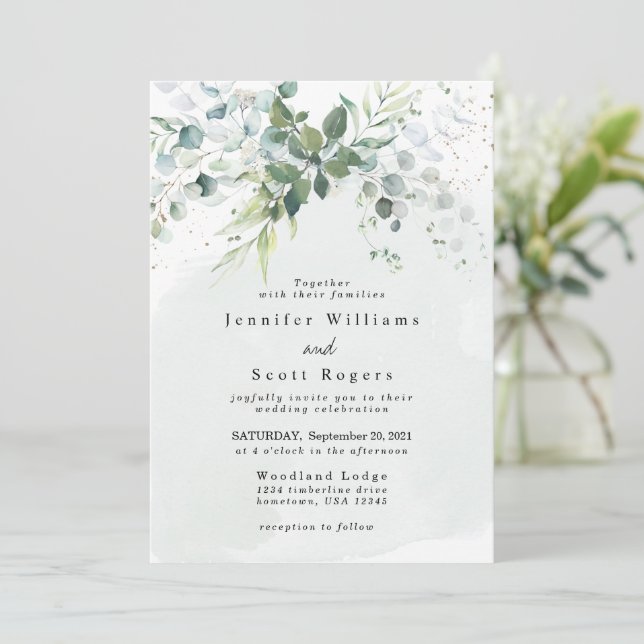 Dusty Blue Eucalyptus Greenery Succulent Wedding Einladung (Stehend Vorderseite)
