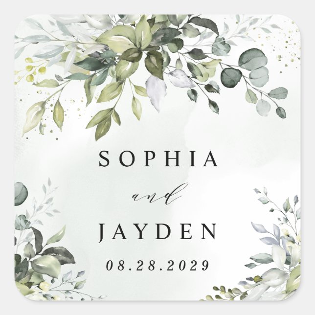 Dusty Blue Eucalyptus Greenery Succulent Wedding Quadratischer Aufkleber (Vorderseite)