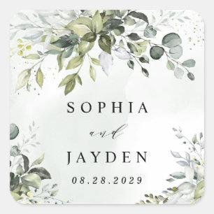 Dusty Blue Eucalyptus Greenery Succulent Wedding Quadratischer Aufkleber