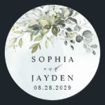 Dusty Blue Eucalyptus Greenery Succulent Wedding Runder Aufkleber<br><div class="desc">Dieses Design ist mit zwei verschiedenen staubigen Blautönen erhältlich. Eine Option ist ungerechter als die andere und neigt zu einem grau-staubigen Blau. Dieser, den Sie gerade sehen, neigt sich mehr zu Blau für die Aquarellspritzungen. Vergleichen Sie jede Vorschau auf dem Bildschirm für ein perfektes Spiel, wenn es um Ihren Hochzeitsschatten...</div>