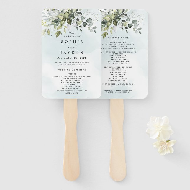 Dusty Blue Eucalyptus Greenery Wedding Programs Fächer (Vorne und Hinten)