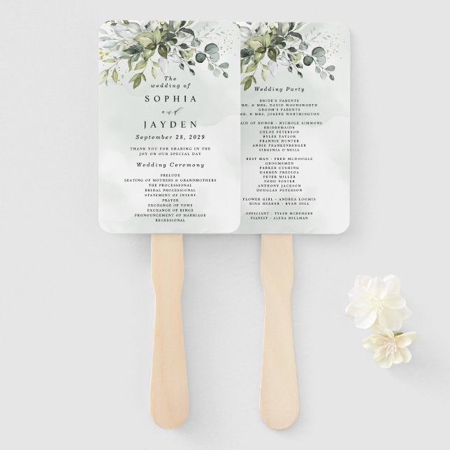 Dusty Blue Eucalyptus Greenery Wedding Programs Fächer (Vorne und Hinten)