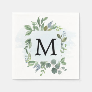 Dusty Blue Eucalyptus Monogram Cocktail Napkin Serviette