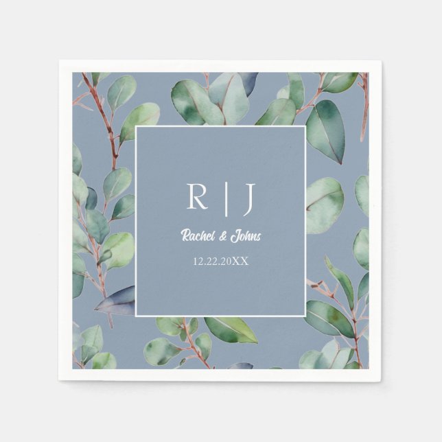 Dusty Blue Eucalyptus Monogram Greenerity Wedding Serviette (Vorderseite)