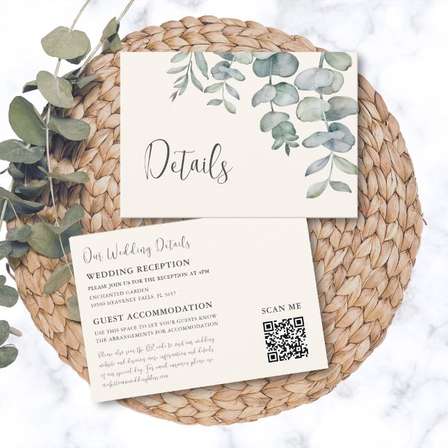 Dusty Blue Eucalyptus QR Code Wedding Details Begleitkarte (Von Creator hochgeladen)