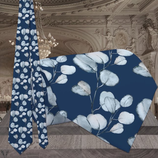 Dusty Blue Eucalyptus Sprigs Navy Wedding Neck Tie Krawatte (Von Creator hochgeladen)