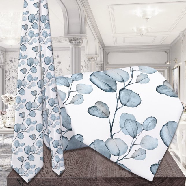 Dusty Blue Eucalyptus Sprigs White Wedding Krawatte (Von Creator hochgeladen)