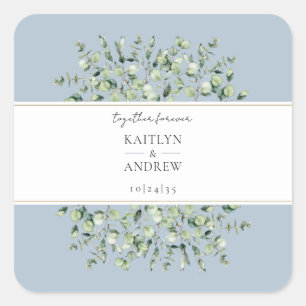 Dusty Blue Eucalyptus Together Forever Wedding Quadratischer Aufkleber