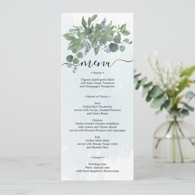 Dusty Blue Eucalyptus Wedding Menu Brautparty I Einladung (Stehend Vorderseite)