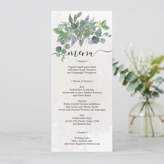 Dusty Blue Eucalyptus Wedding Menu Brautparty I Einladung (Stehend Vorderseite)