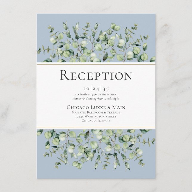 Dusty Blue Eucalyptus Wedding Reception Begleitkarte (Vorderseite)